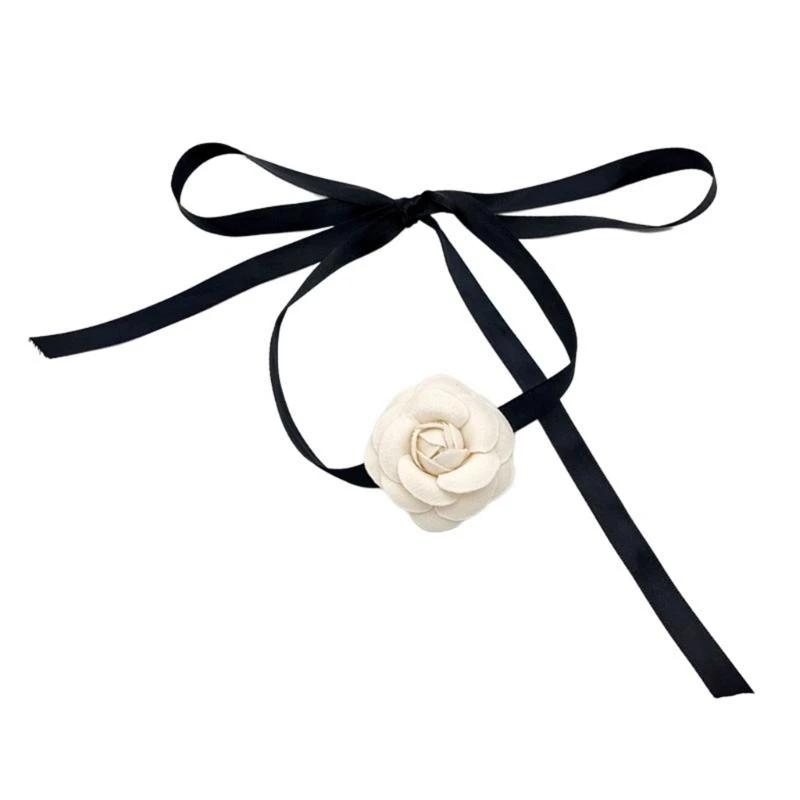 G92D White Flower Collar Bowknot Necklace Chain Temperament Polyester Ribbon Necklace Choker for Women Festival Jewelry
