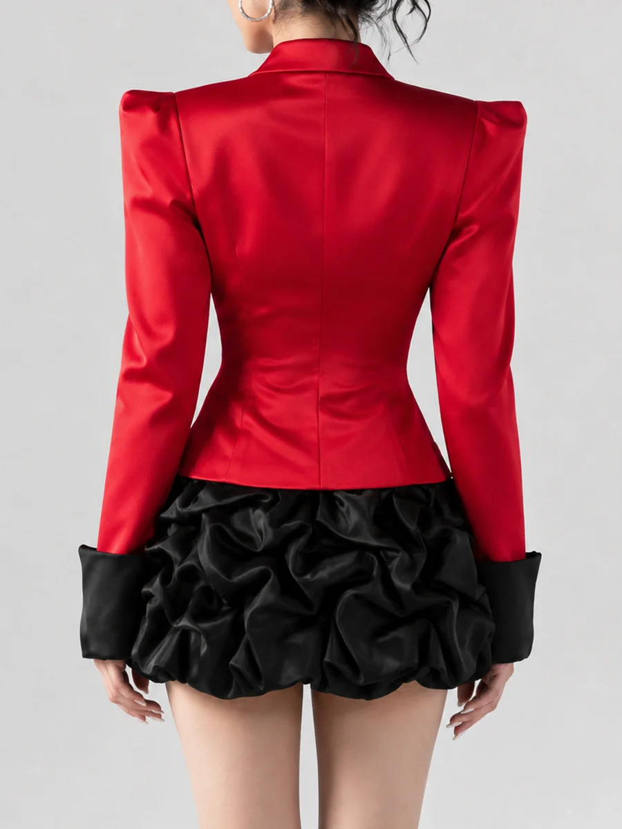 TWOTWINSTYLE Colorblock Spliced Ruched Slimming Mini Dress for Women Turn Down Neck Long Sleeve Patchwork Button Dresses Female
