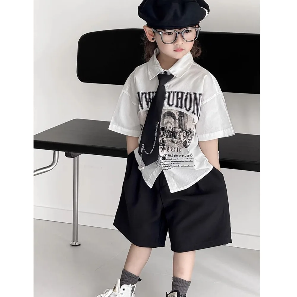 Boys' Button Shirt Shorts Two-piece With Tie Summer Suits 2024 Letter Vintage Printed Black Shorts Korea Fashion Street Suits