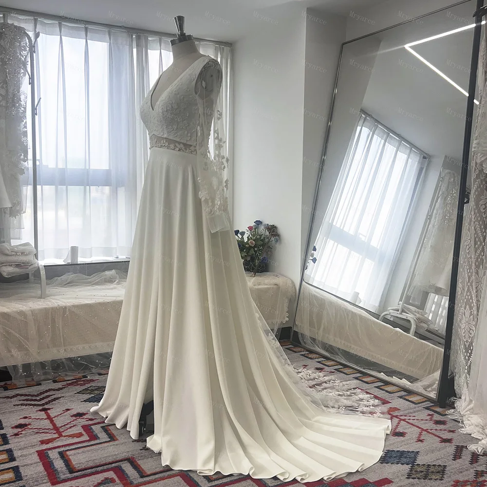 Mryarce Eleganz 3d Blumen v Hals eine Linie Seite Schlitz Brautkleider Brautkleider mit abnehmbaren Ärmeln – Detail 5