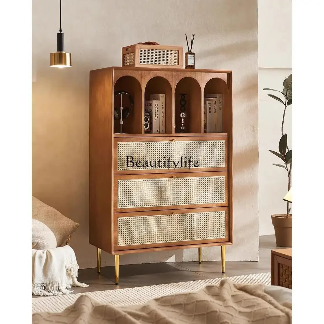 

yj7 Retro solid wood rattan chest cabinet medium antique locker bookcase multi-functional entrance display
