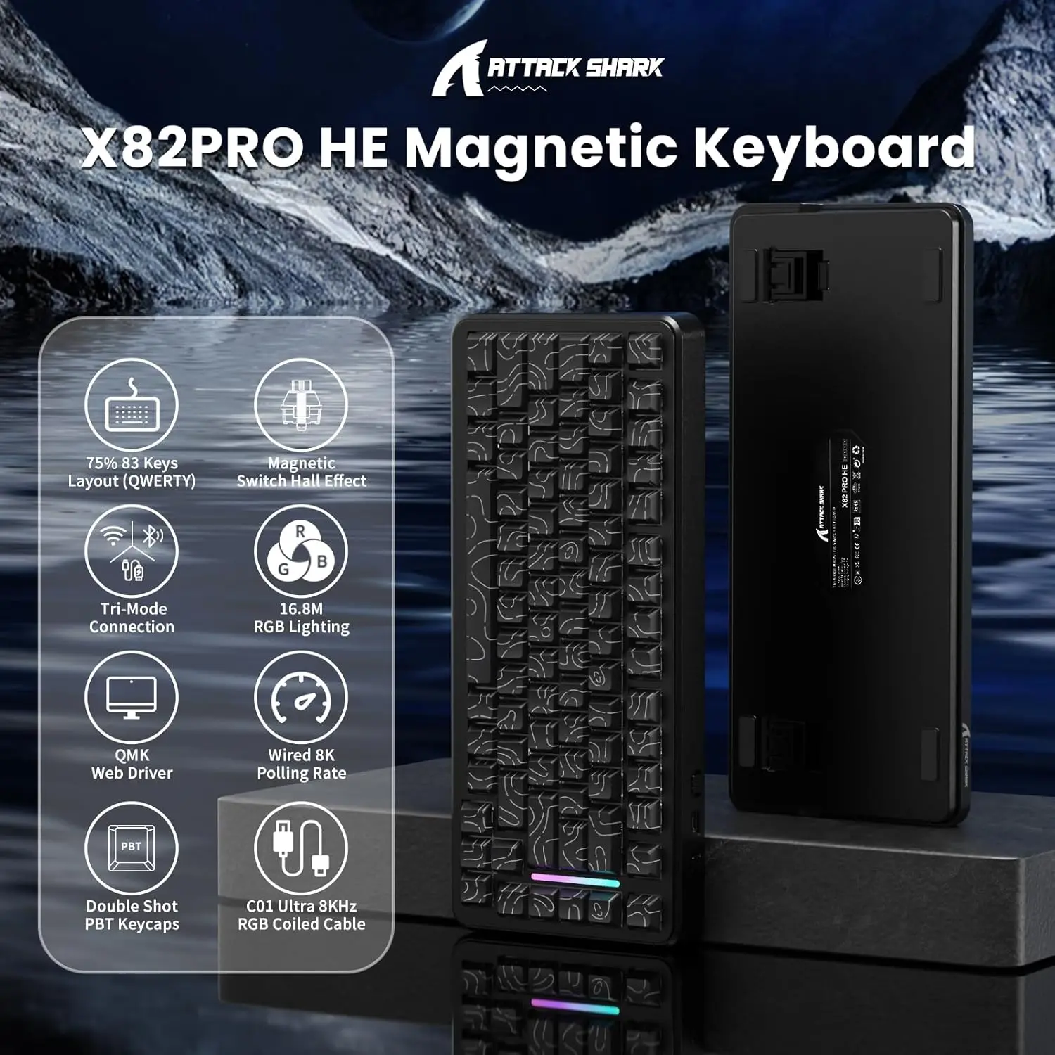 ATTACK SHARK X82PRO HE Magnetic Switch Gaming Keyboard,8KHz Adjustable Actuation,5000mAh Battery,Tri-Mode Wireless Keyboard