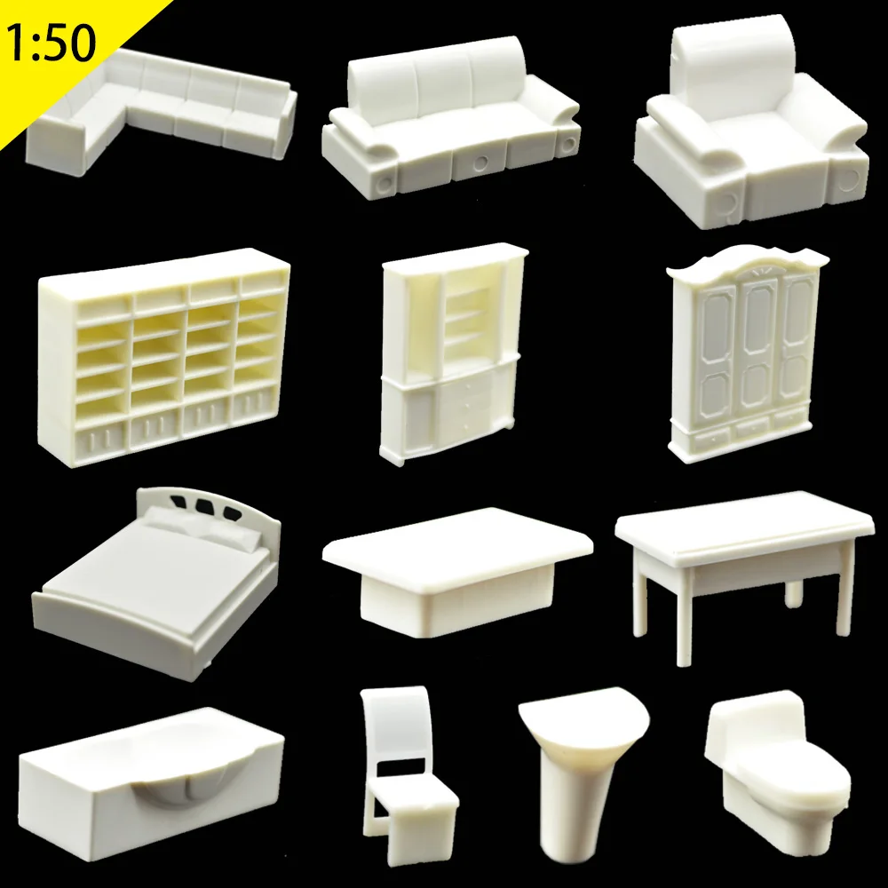 Diy Doll House Accessories Miniature Scale 1:50 Indoor Furniture Table/Sofa/Chair/Bed Model Diorama Kits 26Pcs/Set