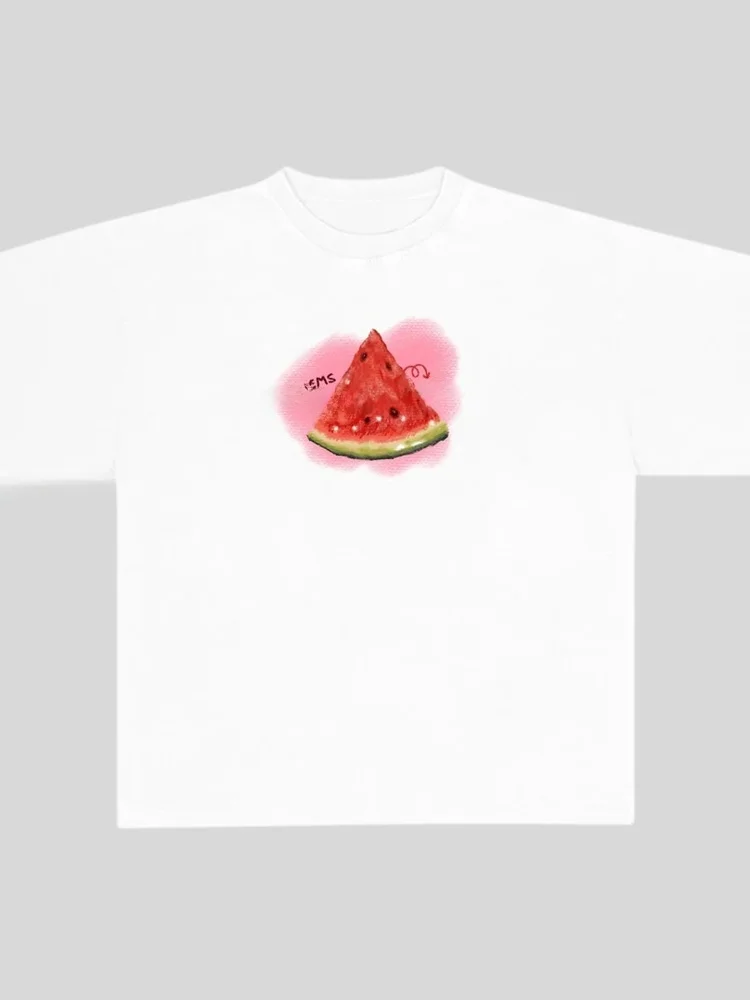 Vintage American Summer Vacation Watermelon Fruit Print Loose Short Sleeve T-Shirt Women's Oversize Cotton Street Style