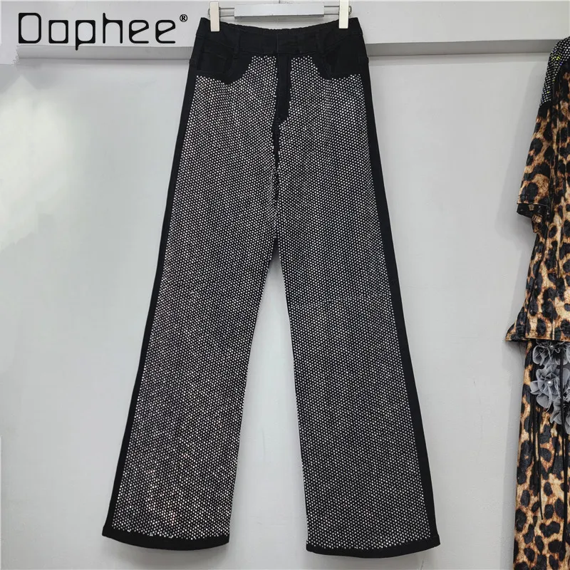 

Street Style Fashion Loose Jeans for Women Heavy-duty Rhinestones Shiny High-end Versatile Casual Slimming Wide-leg Pants Trendy