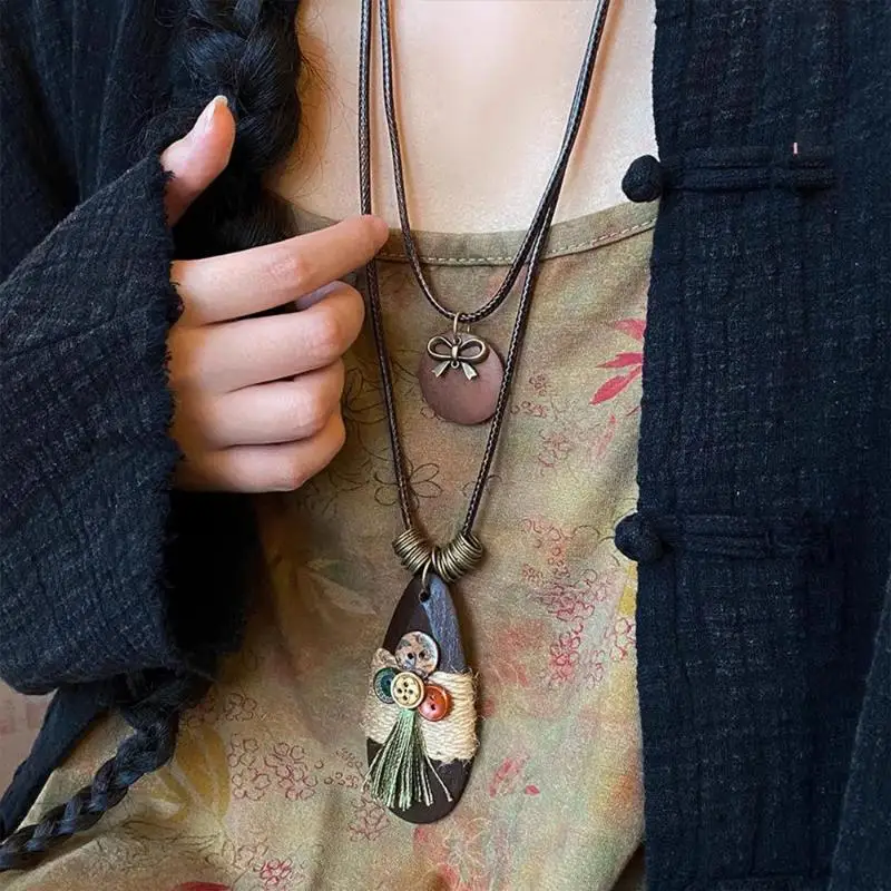 Handmade Boho Leather Cord Necklace: Vintage Button Tassel Pendant Ethnic Women Jewelry