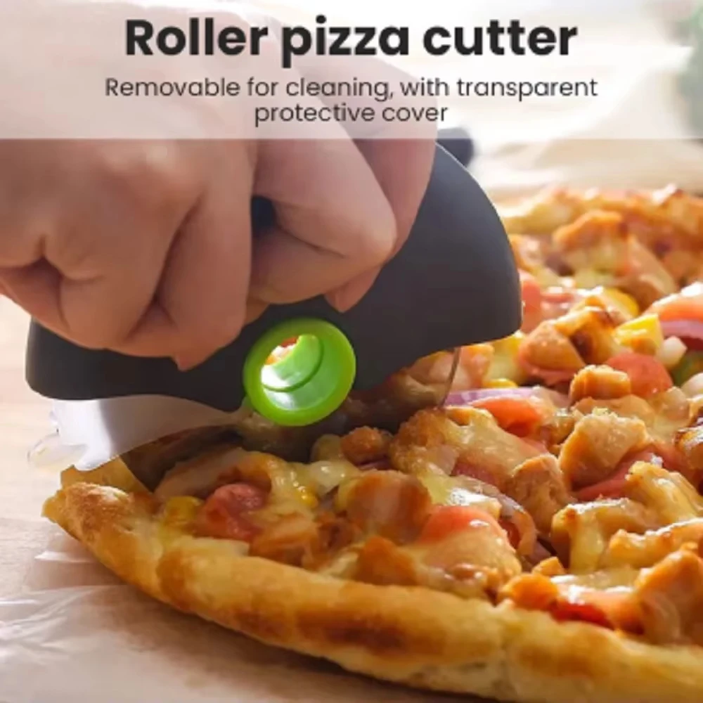 

A new type of pizza knife with a protective hand cover, detachable drum protective hand cutter, stainless steel pastry cutter