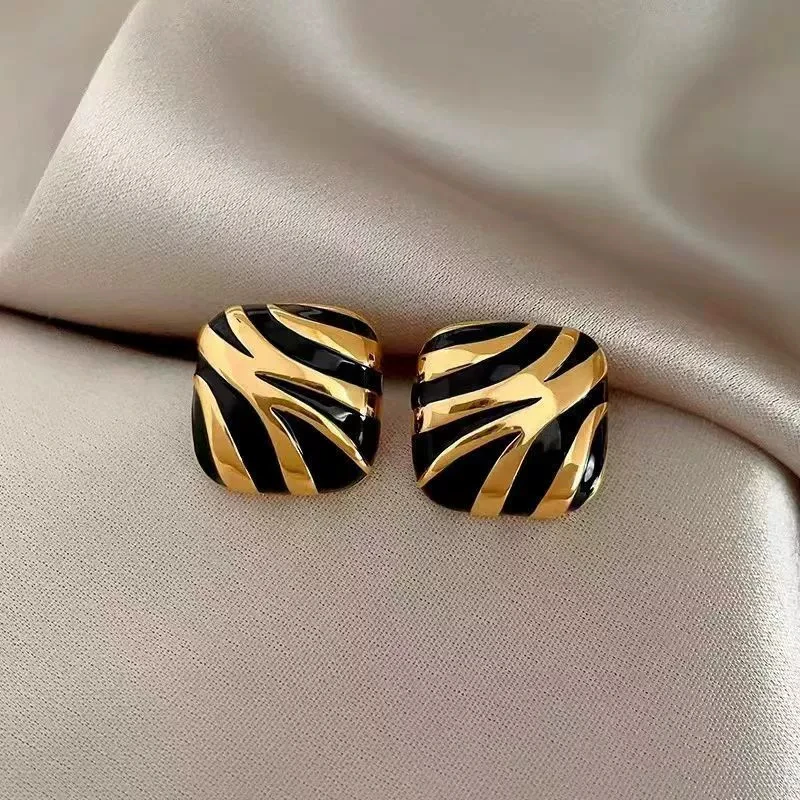 Black Gold Zebra Stripes Square Stud Earring for Women New Transparent Hyperbole Big Geometry Jewelry Christmas Girl Gift