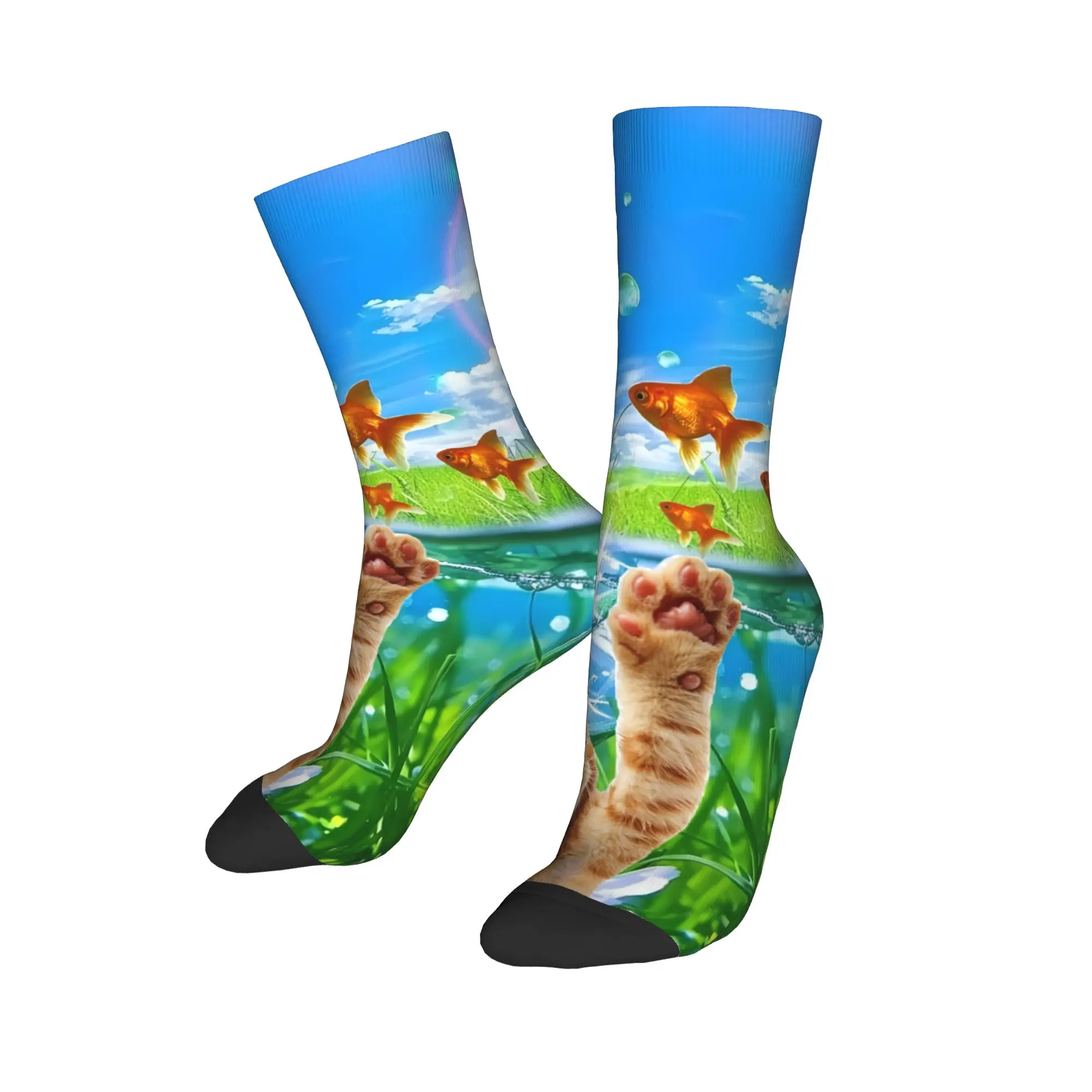 Retro Frutiger Aero Cat Fish Football Socks  Polyester Crew Socks for Unisex Breathable