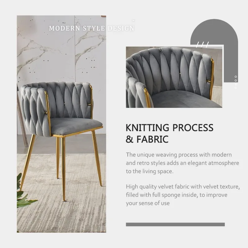 Velvet Dining Chairs Set of 4, Modern Upholstered Dining Room Chairs with Golden Metal Legs and Woven Backrest for Dining Room,