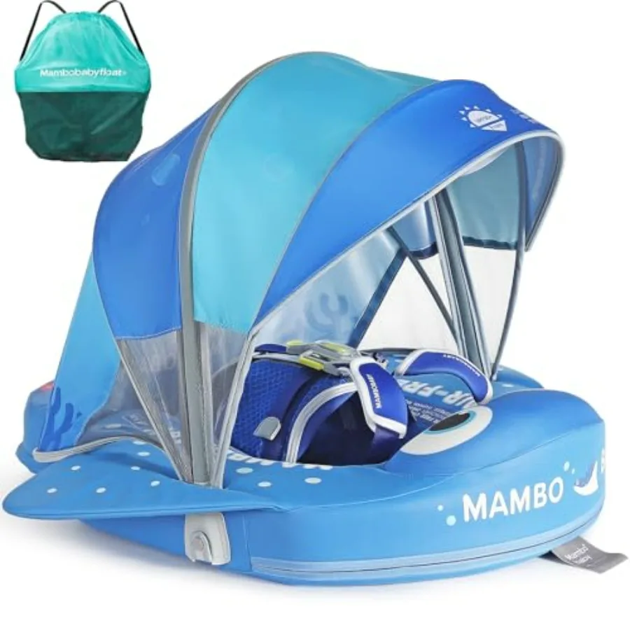 

Baby swim float for 3-24 months, non-inflatable EVA foam, blue/pink, tail + canopy for stability and sun protection