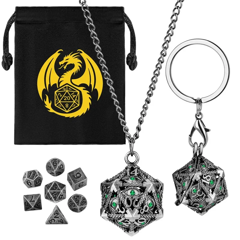 

7pcs Mini Polyhedral Dice Set with Hollow D20 Green Crystal Metal Case Portable Key Ring Necklace Chain Role PPG Game Accessory