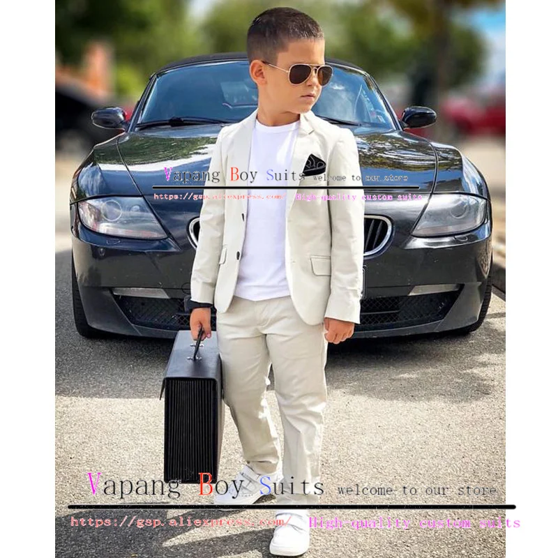 Beige Boys Suit Jacket Pants 2 Piece Set Wedding Tuxedo Summer Casual Kids Blazer Fashion Single Breasted Clothes