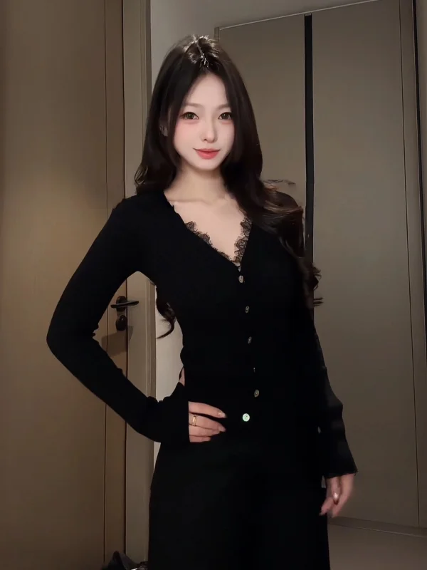 

Женский вязаный кардиган больших размеров с кружевными вставками и V-образным вырезом, приталенный, осенне-зимний, новая корейская версия, длинный рукав