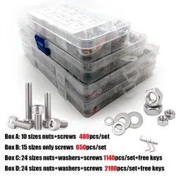 400/650/1140/2100pcs M1.6 M2 M2.5 M3 M4 M5 304 Stainless Steel Hexagon Hex Socket Cap Head Screw Bolt Nut Set Assortment Kit Box
