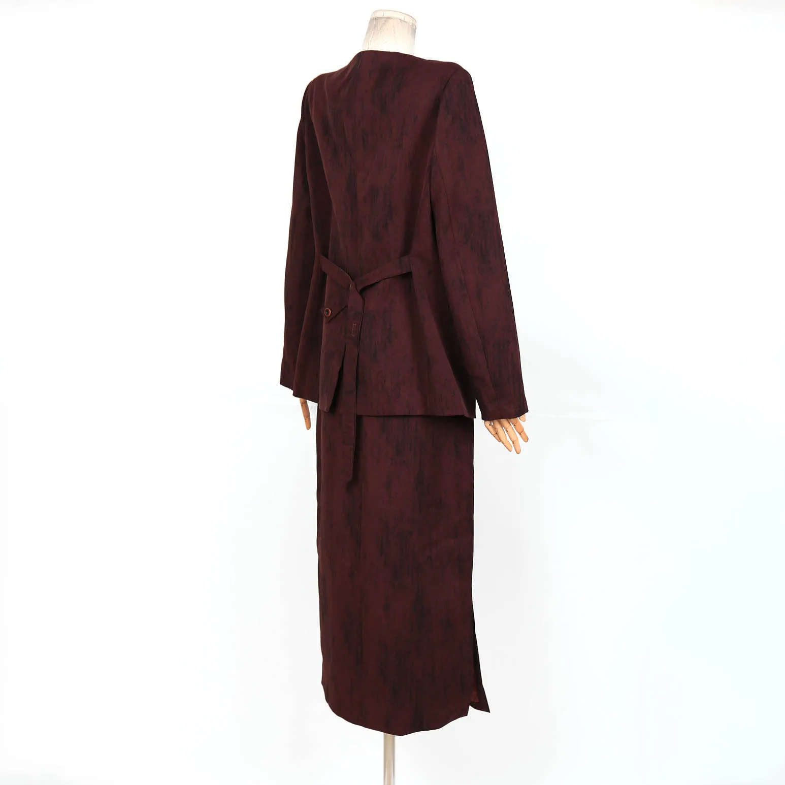 Women's Burgundy Textured Long Sleeve Blazer & Midi Skirt Set High quality 2025 Spring New Elegant Office Two Piece Outfit