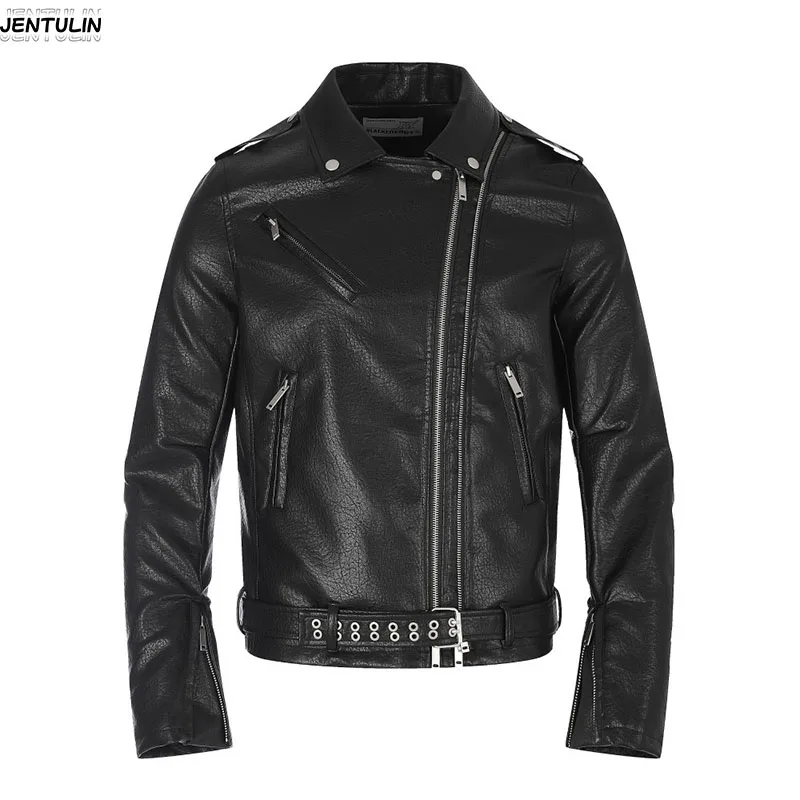 Harajuku Street Fashion Rascal Motorcycle Leather Jacket Diagonal Zipper Riveted Belt Slim Short Jacket Unisex