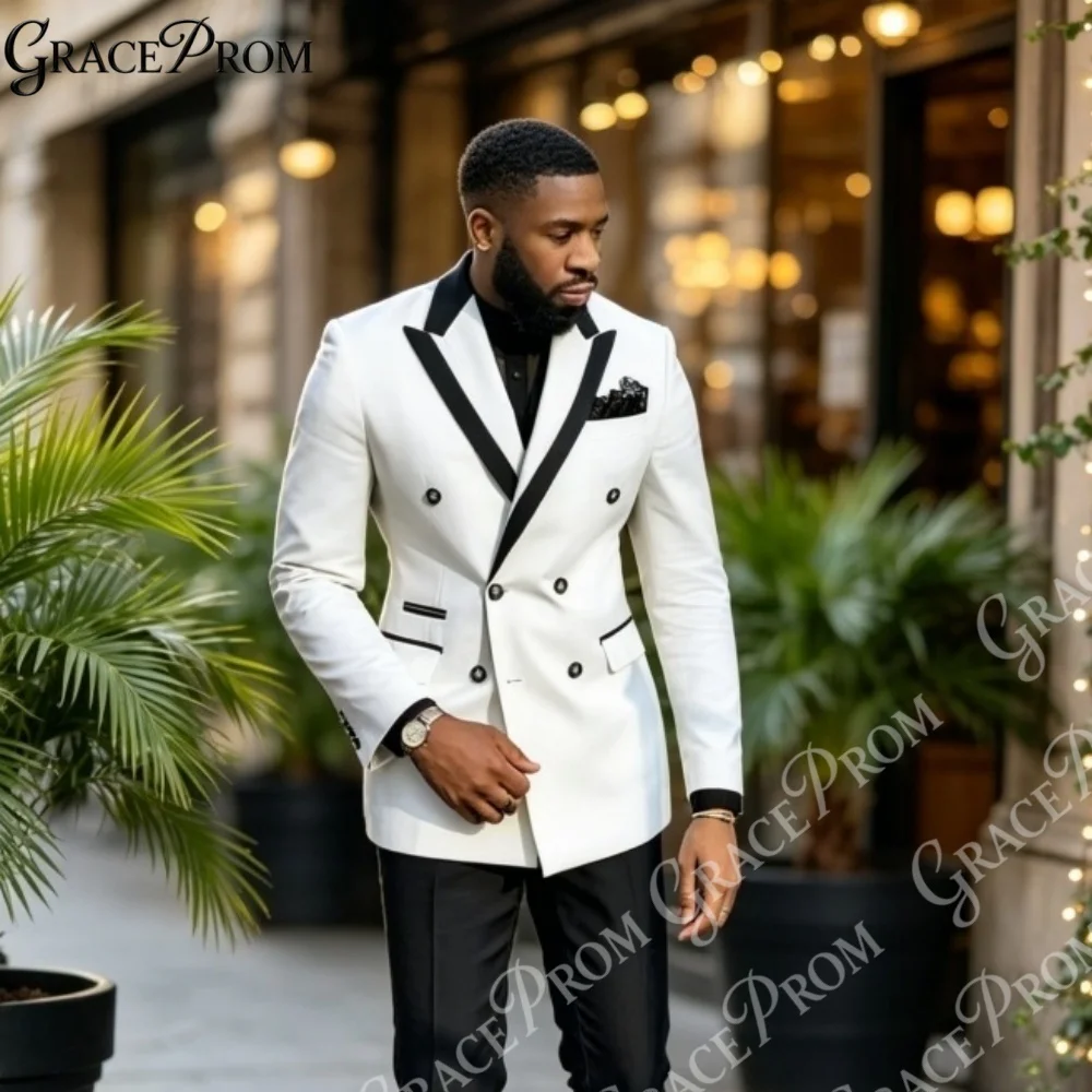 

Exquisite Men Suit 2pcs White Blazer with Black Peak Lapel Black Pants Tailored Fit for Wedding Banquet Party Tuxedo Customized