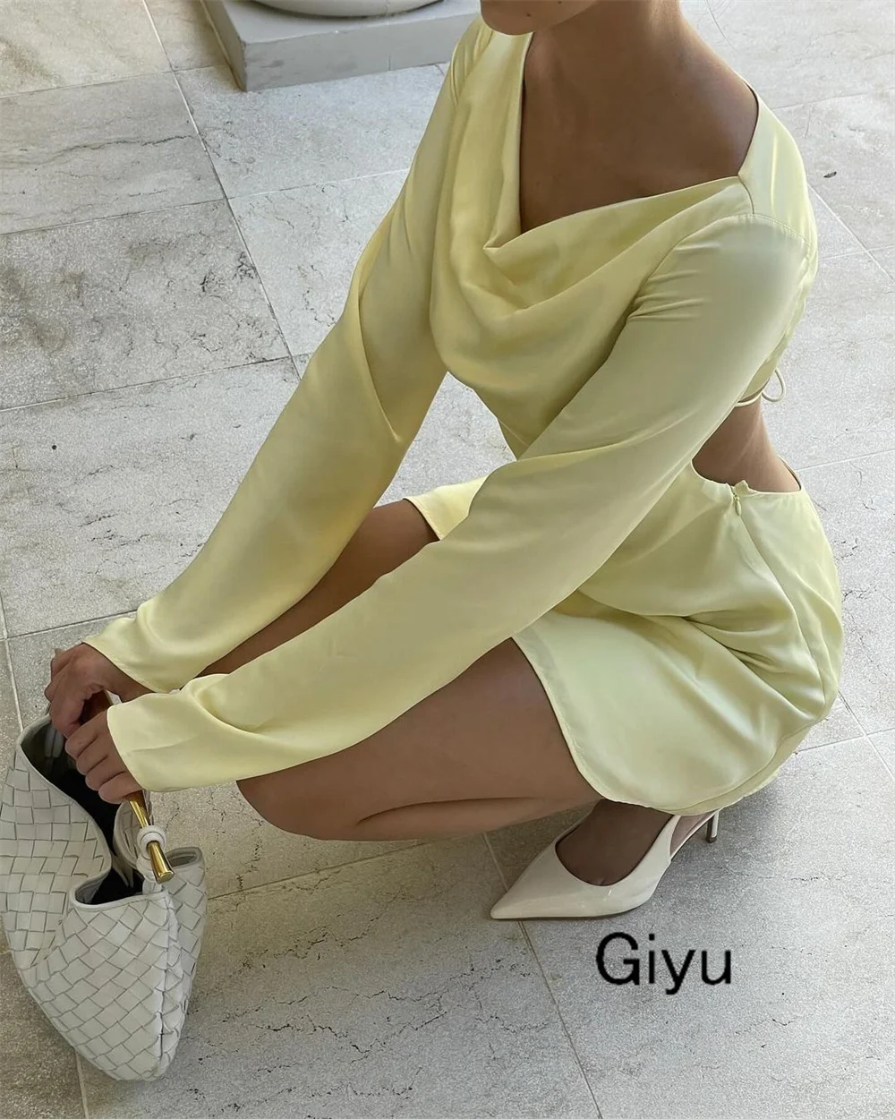 Giyu-Robe de Rhdos nu jaune, style moderne, col rond, mini-longueur au-dessus du genou, robe de soirée d'anniversaire, robe de cocktail d'été