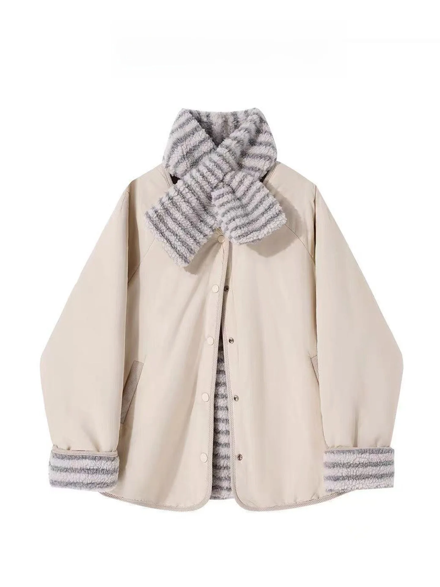 

Korean Retro Double-Sided Wear Fleece Cotton Jacket Women Winter Thick Warm Stripe Scarf Cotton Coat Trendy V-neck Long Sleeve