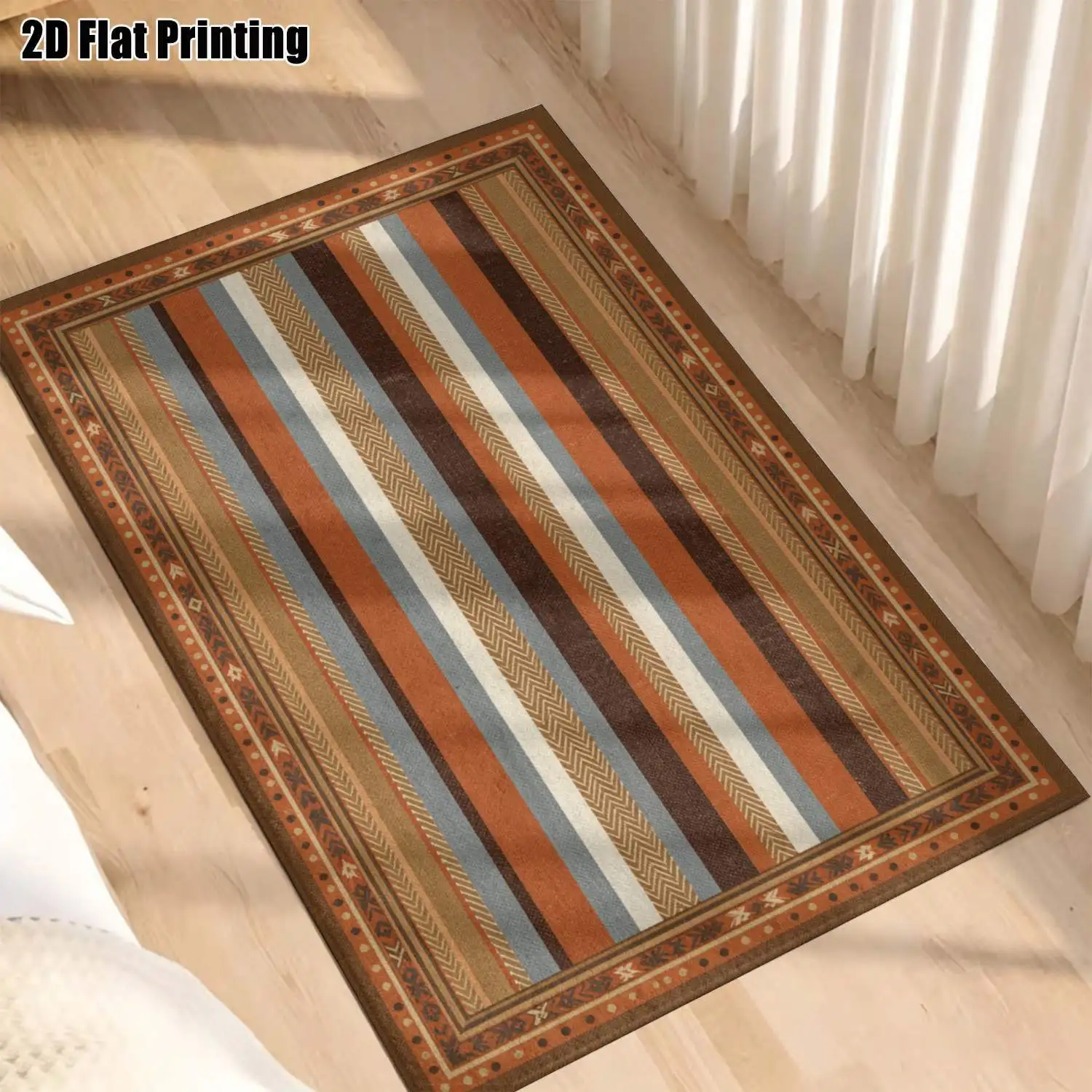 1Pc 2D Printed Retro Brown Blue Geometric Striped Carpet, European Modern Minimalist Home Decor Rug, Multi-Size Machine Washable, for Entrance/Dining/Living/Bedroom