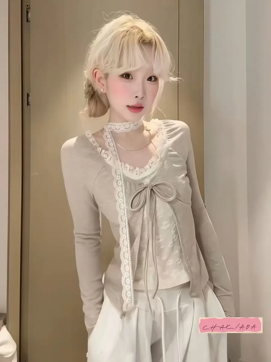 

Осень-зима Slim Fit Sweet Fake Two Piece Топ с длинными рукавами Streamer Ретро Кружевной бант Кружевной воротник Универсальная повседневная футболка для женщин