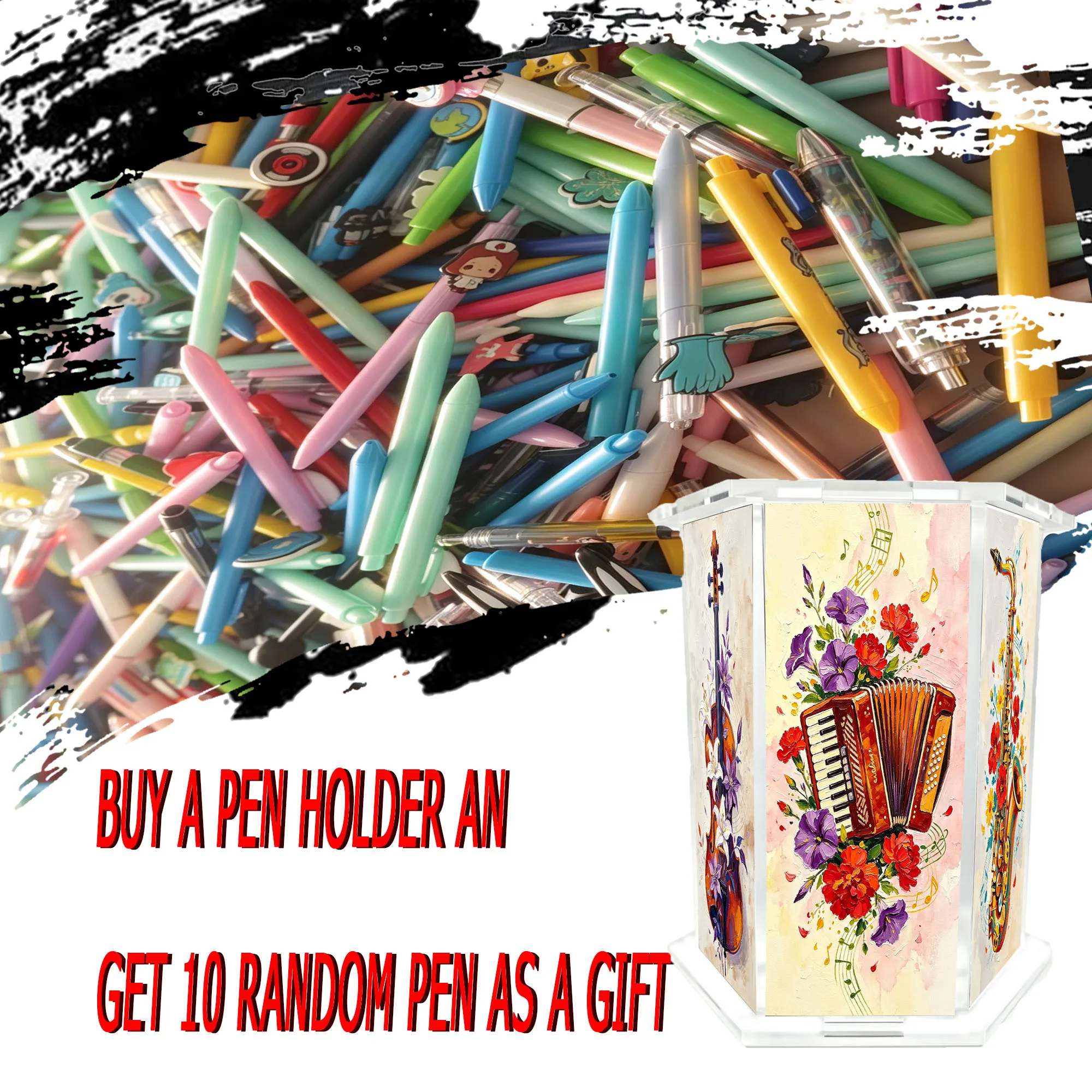11pcs (1pc pen holder+10pcs random ballpoint pen) Watercolor flower instrument music theme hexagonal acrylic pen holder