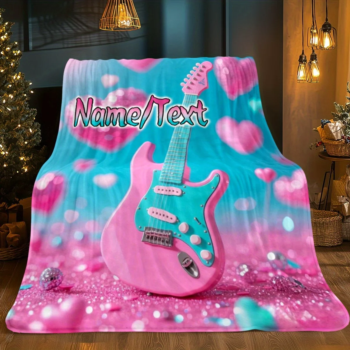 Custom name pink guitar flannel blanket, suitable for sofas, beds, birthdays, children, friends, gifts