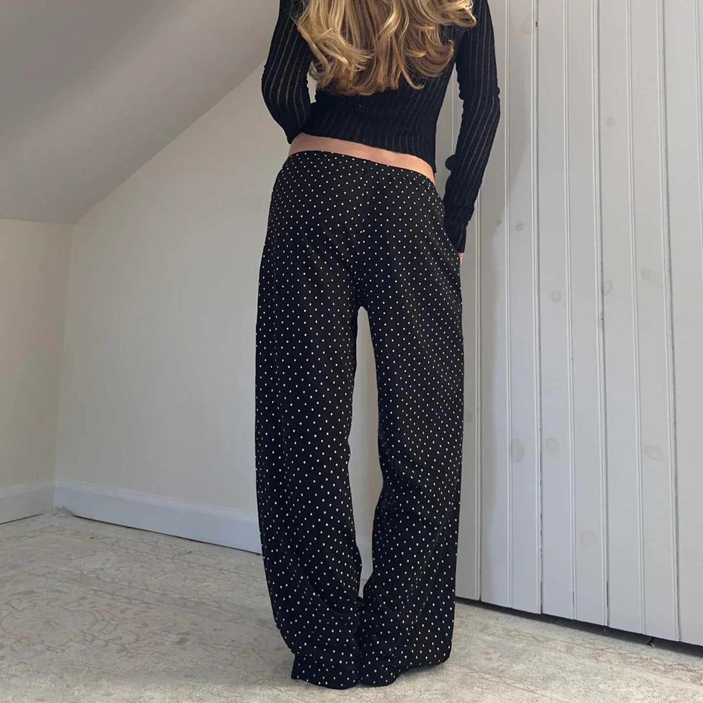 Y2k Aesthetics Polka Dot Printing Drawstring Pants Low Waist Straight Leg Length Trousers Women's All Season Bottoms