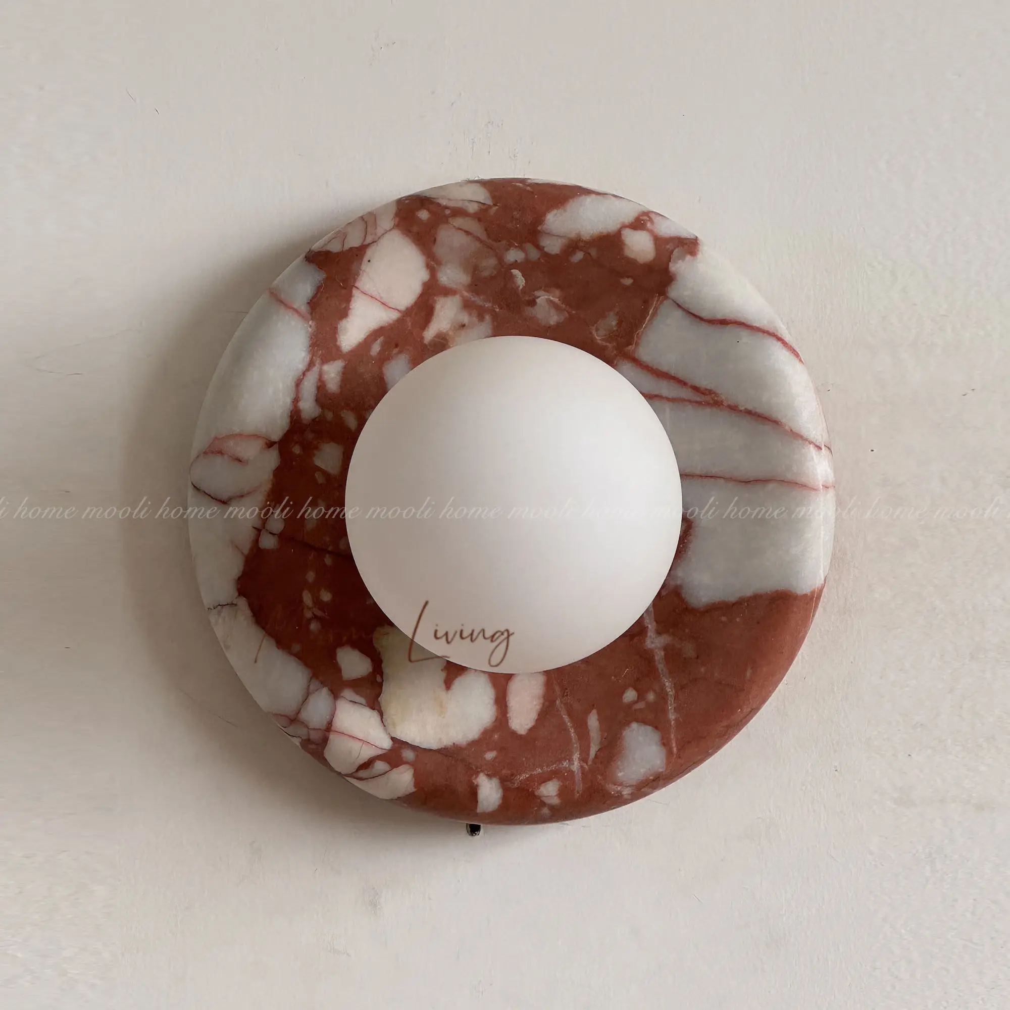 D14cm Calacatta Red Stone Lamp 100% Natural Marble Wall Lamp Wabi Sabi Lamp for Designer Villas