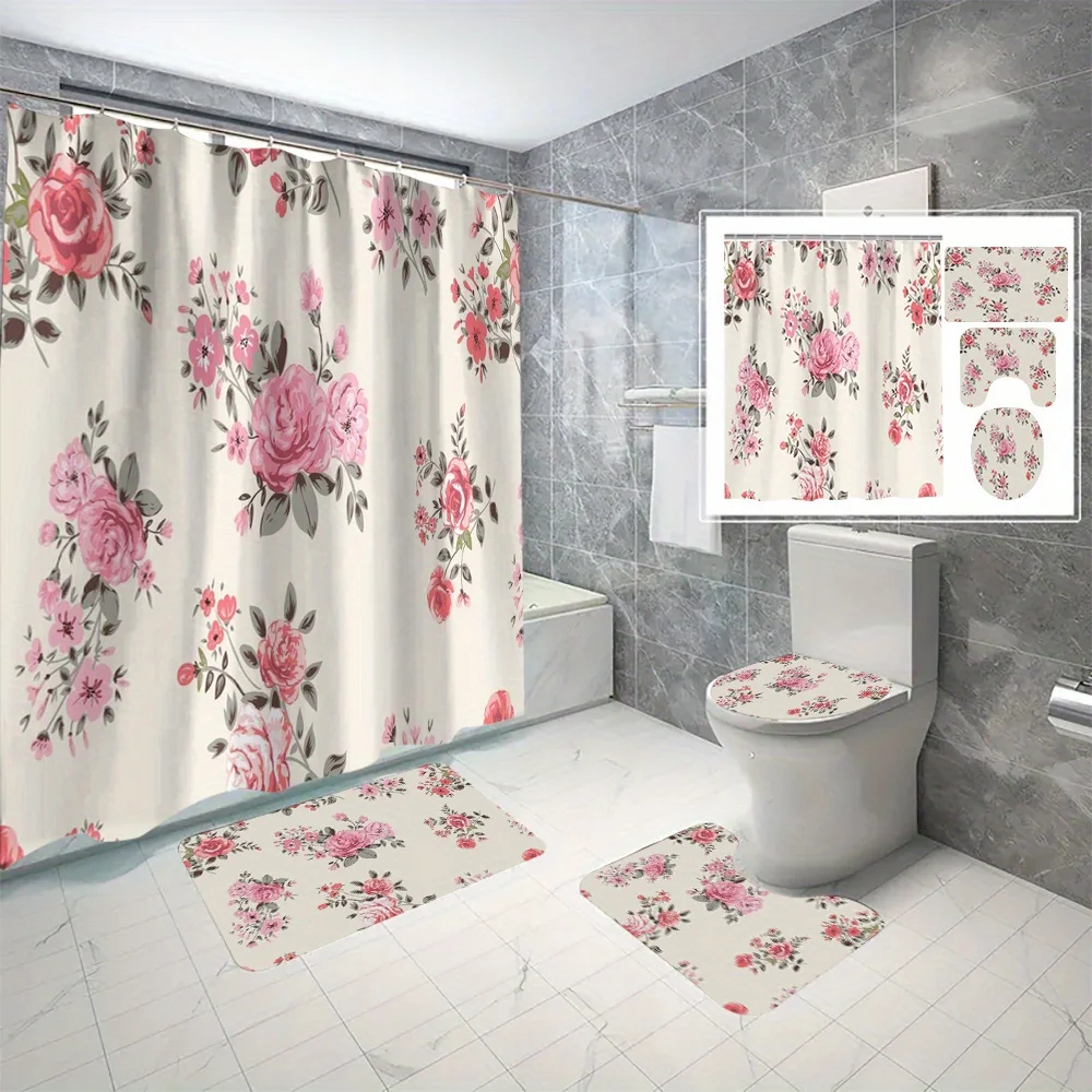 

4 шт. весенне-летнее украшение для ванной комнаты «Сакура», занавеска для душа, противоскользящий коврик, U-образный коврик, коврик для сиденья унитаза
