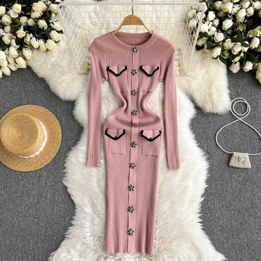 Abito aderente sottile sexy a maniche lunghe elegante chic da donna Abito aderente in maglia moda coreana vintage Abito maglione autunno inverno