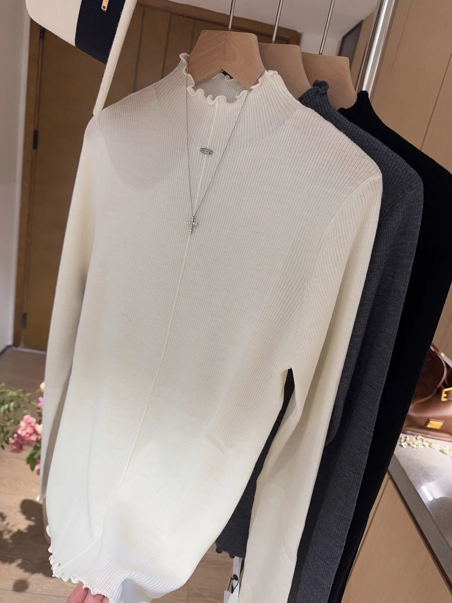 Autumn Winter Soft Sle f High Collar Wool Base irt Versatile Fine Striped Knitted Top Women's Chiffon Trim Wool Blend