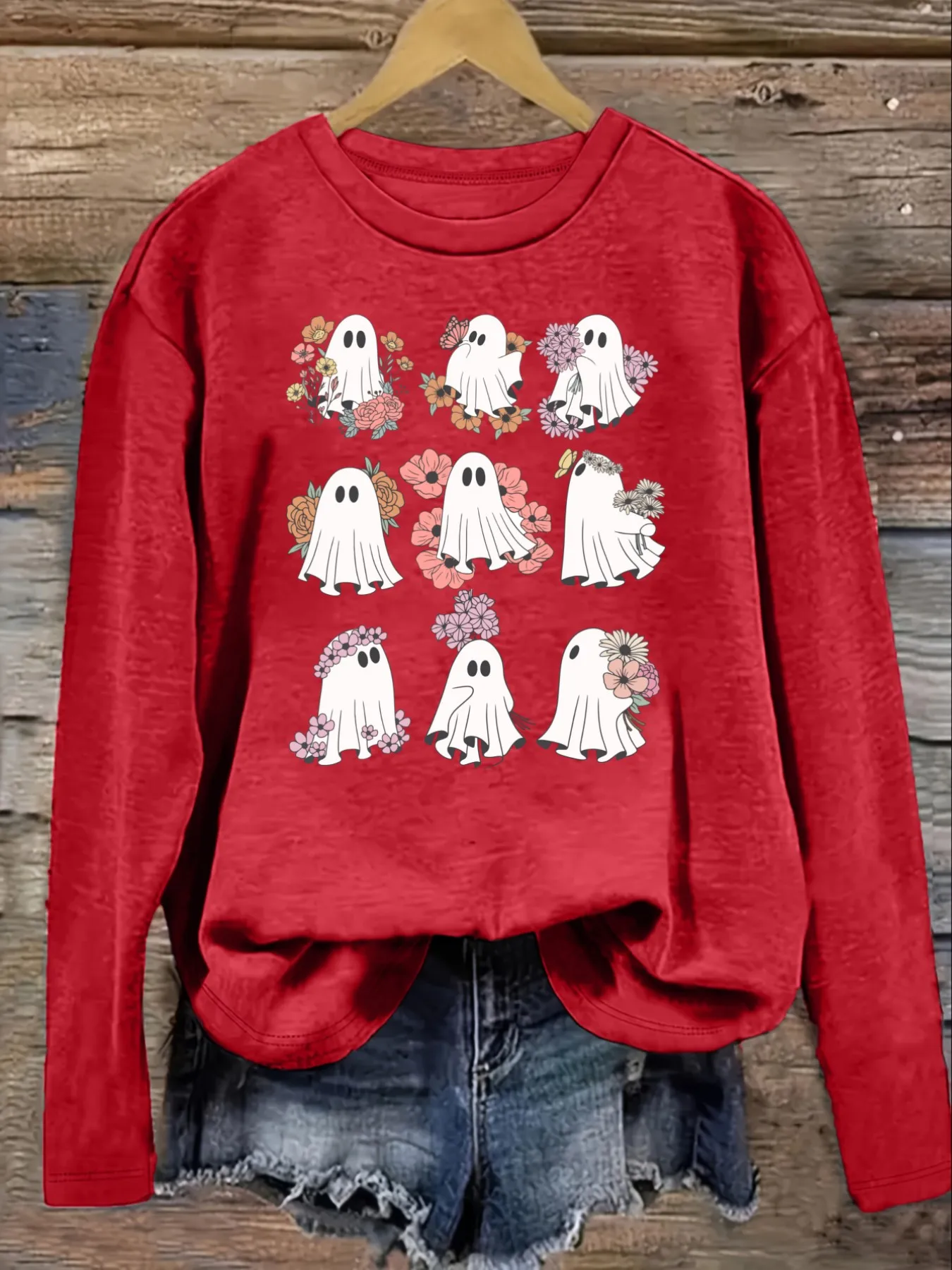 Women's Casual Long Sleeve Crew Neck T-Shirt Floral Ghosts Pattern Print Design Design, Round Neck Women's Clothing, Machine Washable, Slightly Elastic, Loose Fit, Spring Autumn Winter Women's T-Shirt, Halloween Costume Outfit view 4