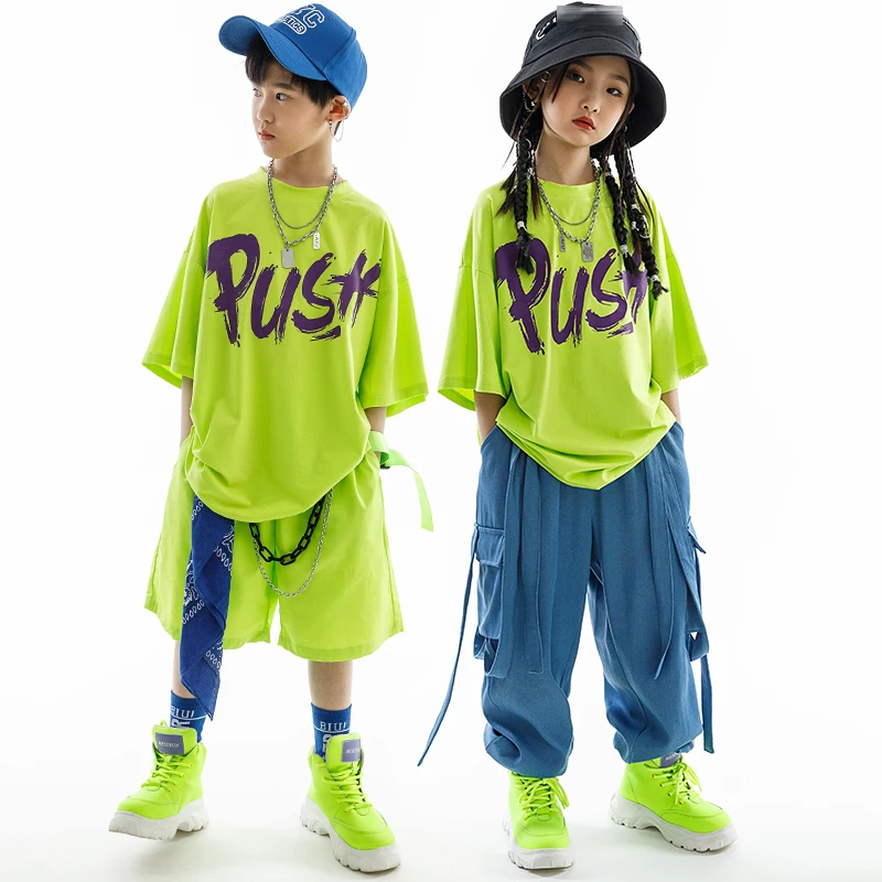 Children's Day Street Dance Fashion Outfit Girls Green Tops Pants Loose Short Sleeves Boys Jazz Drum Performance Wear BL10491