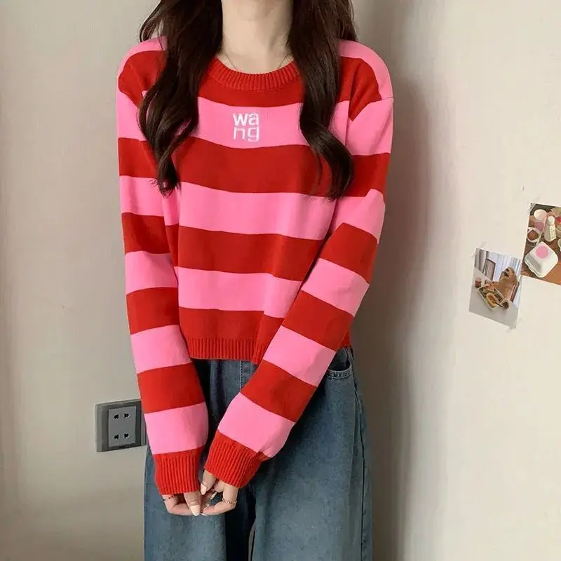 Spring Autumn New Long Sleeve Striped Short Pullovers Top Sweet Loose Trend Knitting Sweaters Vintage Fashion Women Clothing