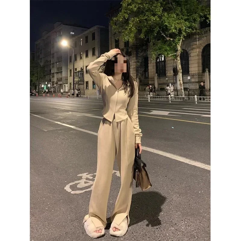 Korean Two Piece Sets Women Solid Casual Slim Fit Hooded V Neck Zipper Full Sleeve Tops Coats Wide Leg Long Pants Set 2023