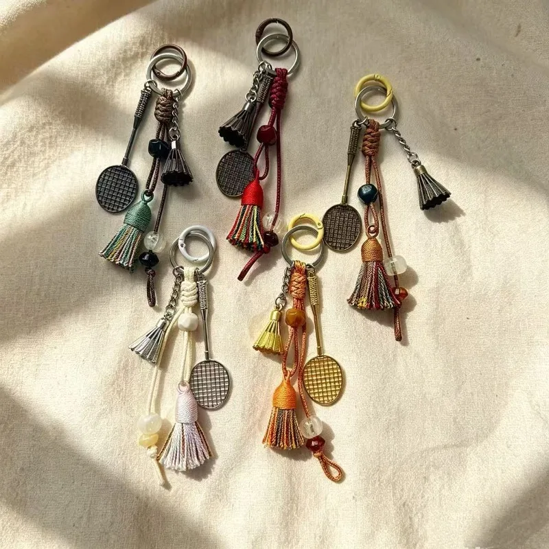 Mini Badminton Racket Keychain Hand Woven Tassel Beaded Bag Pendant Sports Fans Car Key Ring Ethnic Braided Rope Decor Gift