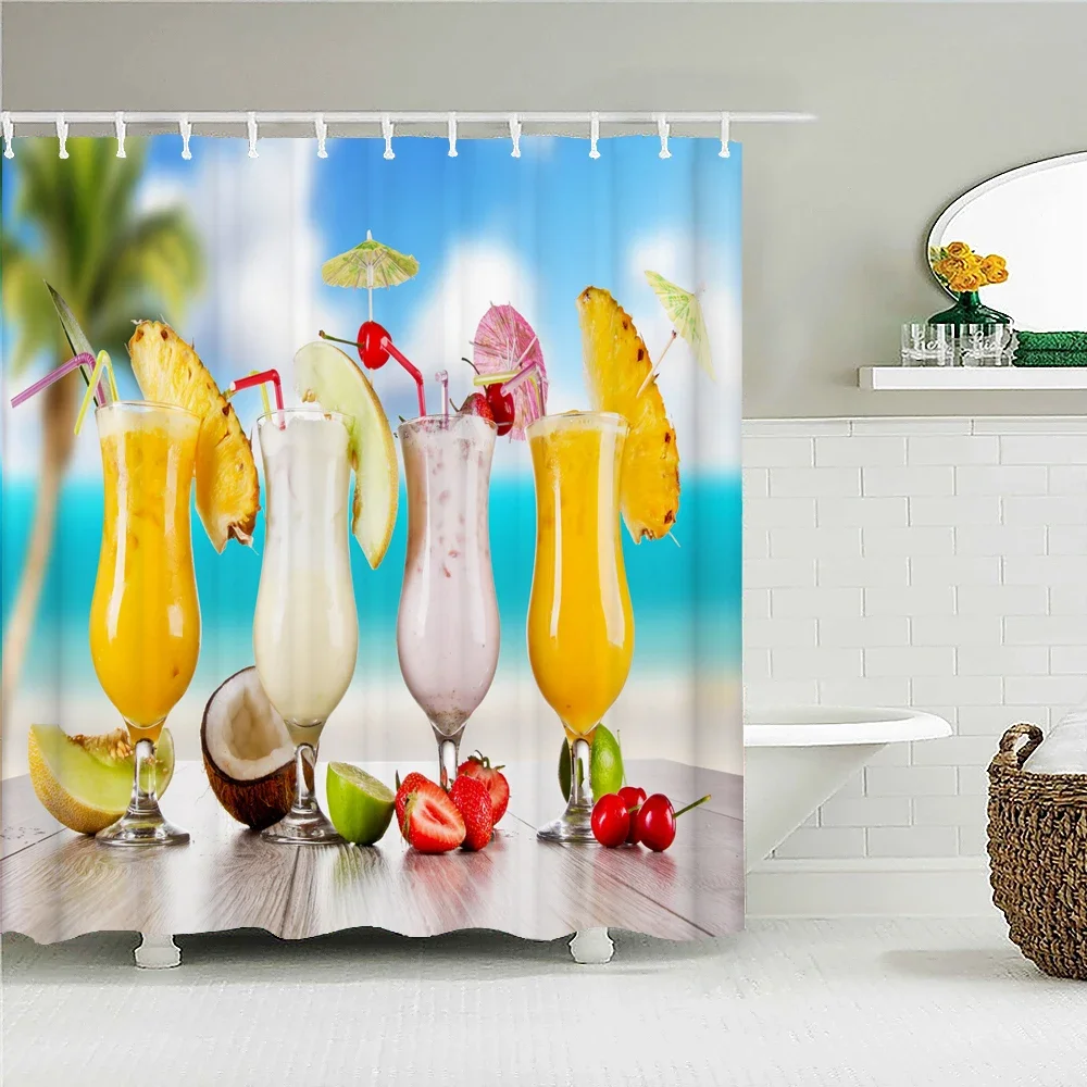 

Fruit Glass Tall Glass Beach Shower Curtain Creative Fruit Pie Single Bathroom Waterproof Decorative Shower Curtain