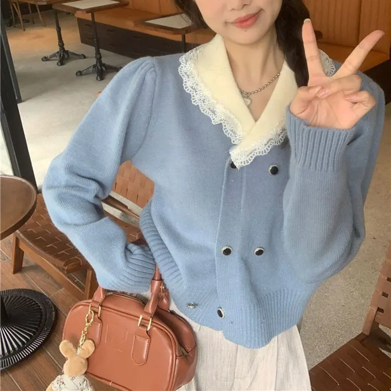 Stylish Lace Spliced Knitted Sweaters Sweet Doll Collar 2024 Spring Autumn Double Breasted Women\'s Clothing Solid Color Cardigan