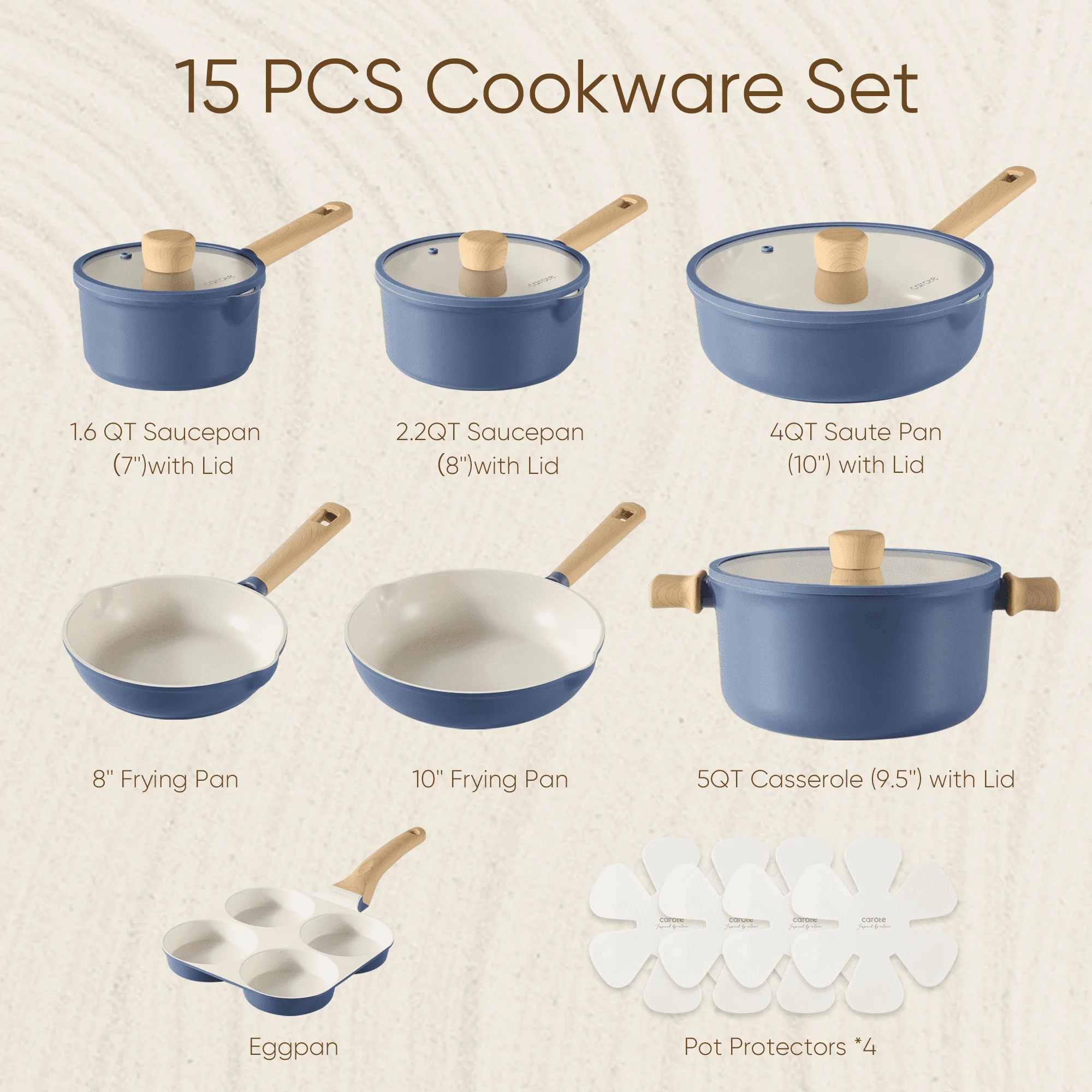 Carote Nonstick Cookware Sets, 15 Pcs Granite Non Stick Pots and Pans Set, Induction Cookware, Blue
