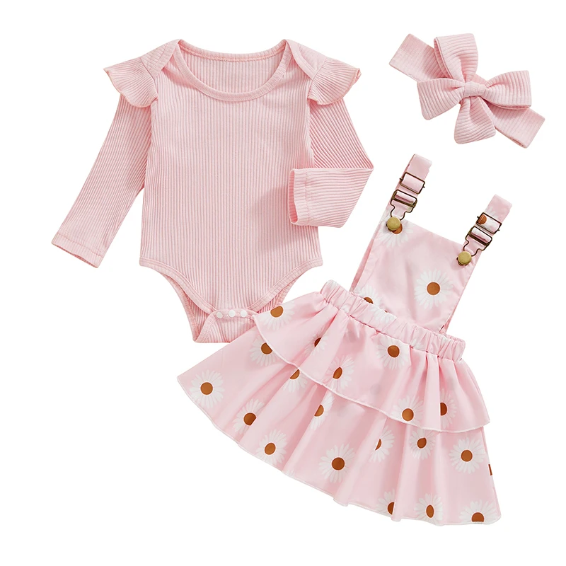 

Baby Girls Fall Outfit Ribbed Long Sleeve Romper and Floral Suspender Skirt Cute Headband 3 Piece Clothes