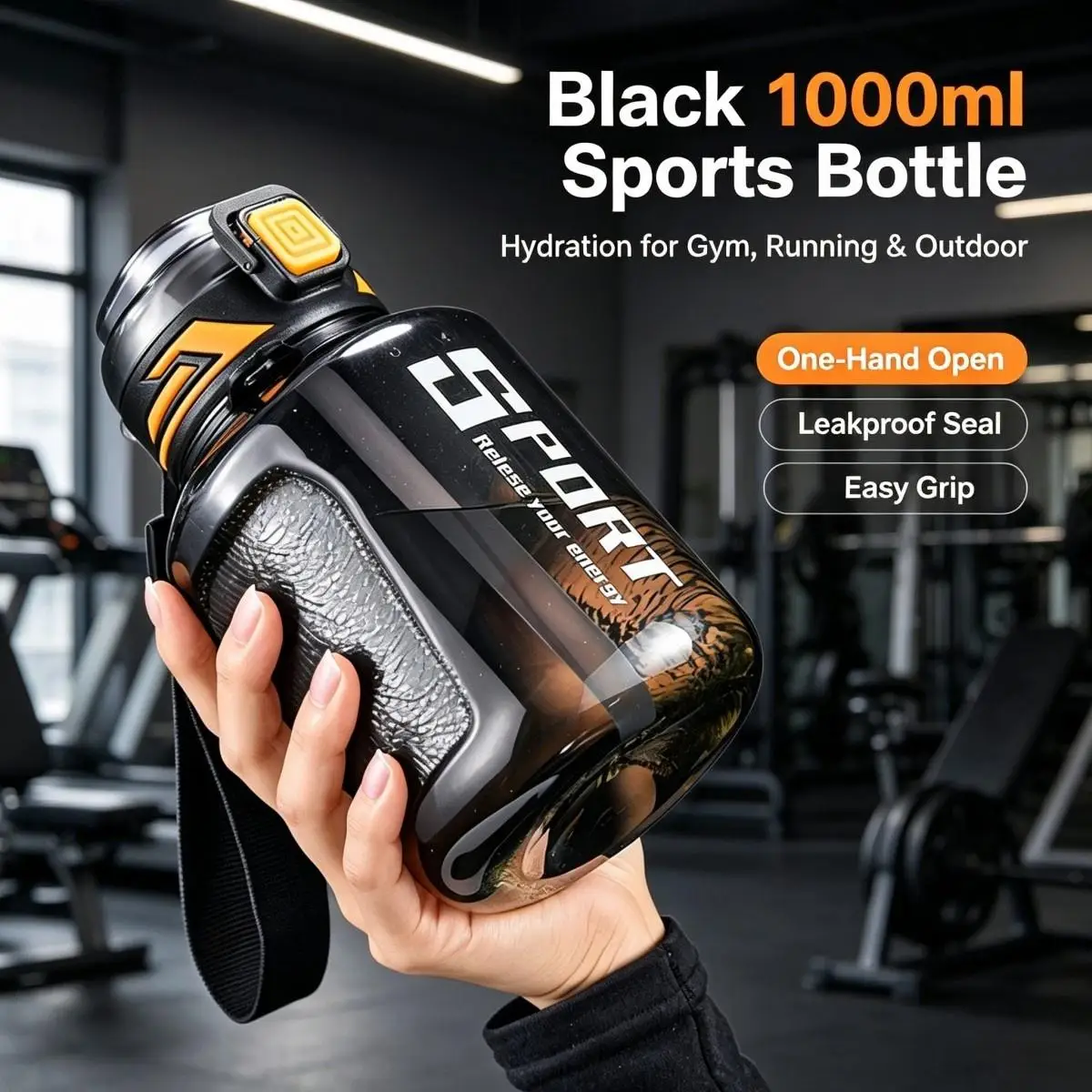1000ml Large‑Capacity Sports Water Bottle, BPA‑Free Leak‑Proof Drinking Cup with Straw & Carry Strap for Gym Outdoor Camping