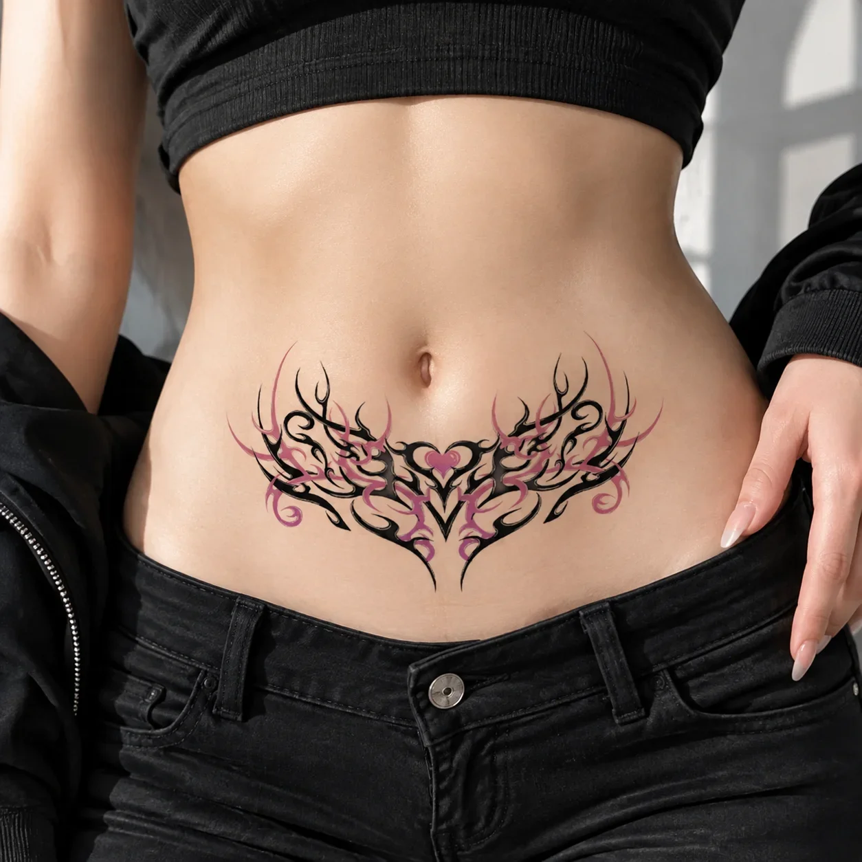 1 Sheet Per Pack Sexy Temporary Tattoo Sticker Black and Colorful Pink Purple Waterproof Long Lasting Tribal Heart for Women