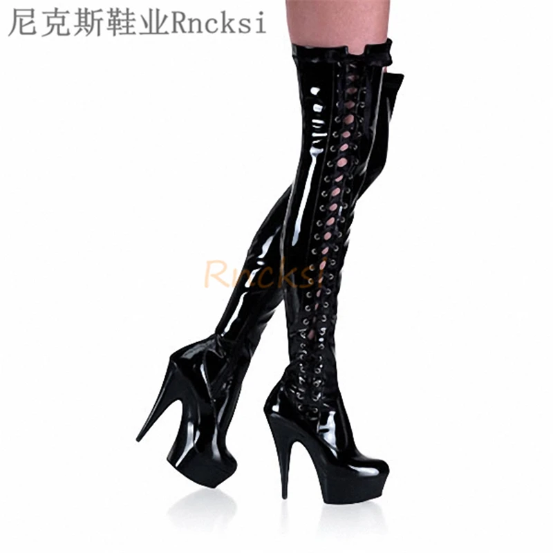 

Rncksi Fashionable Fine-heeled 15cm Super High-heeled Shoes with Lacquer Leather Sexy Knee Stage Shoes Pole dancing boots