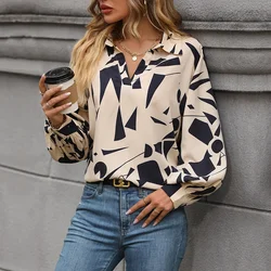 Europe and The United States Elegance Wind New Printed Lapel Shirt, Women's New Autumn Fashion Loose Long-sleeved Pullover Shirt