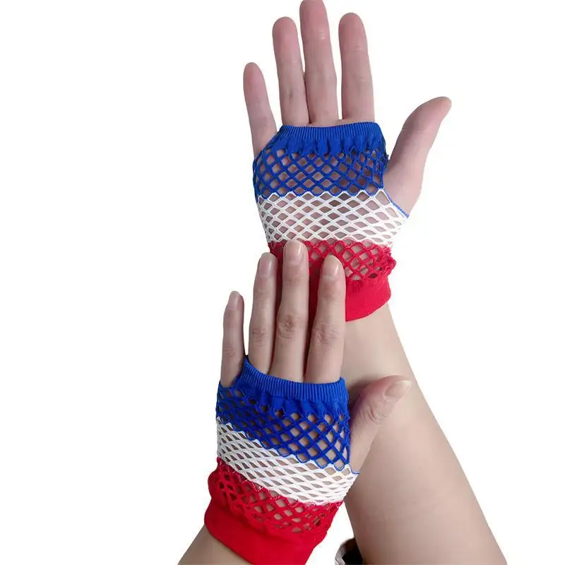 Gloves Short Mesh Party Elastic Red White Blue Patriotic Color Festive Holiday Rave Accessory for Women Men Unisex Soft Sweet