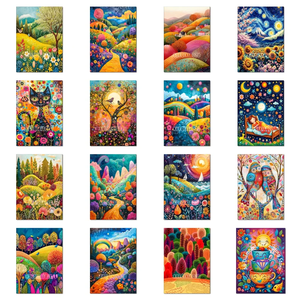 

Colorful Forest Tree AB Diamond Painting Kit Square Round Diamond 5D DIY Bird Landscape Mosaic Handmade Art Gift Home Decor