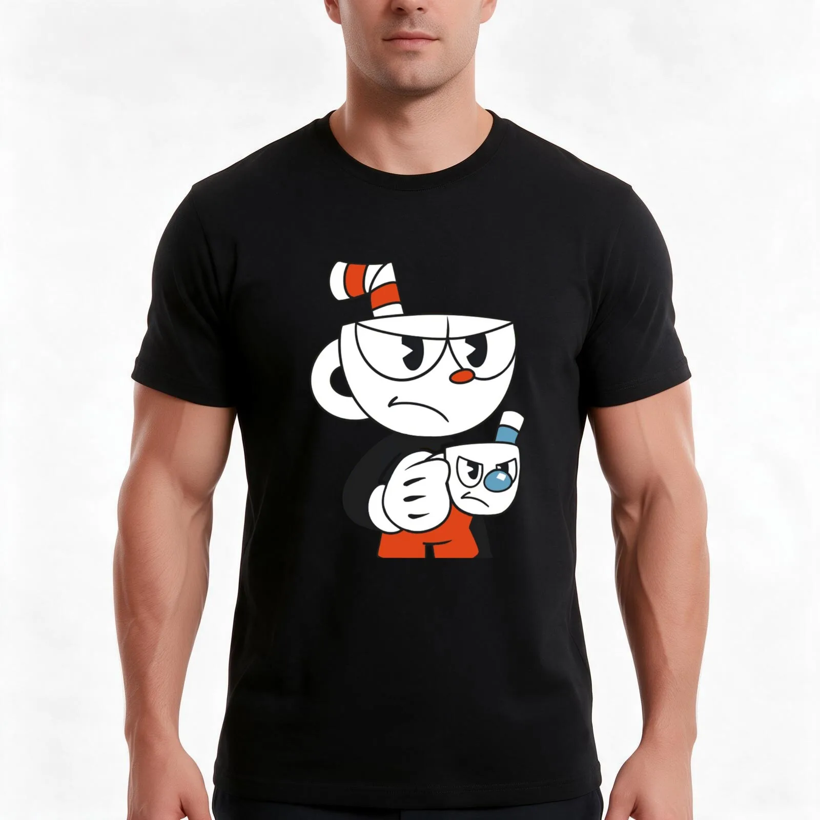 Cuphead and Mugman Angry T-Shirt, Summer Casual Cotton Tee, Oversized Streetwear Tops, Vintage Graphic Print, Unisex Men Women