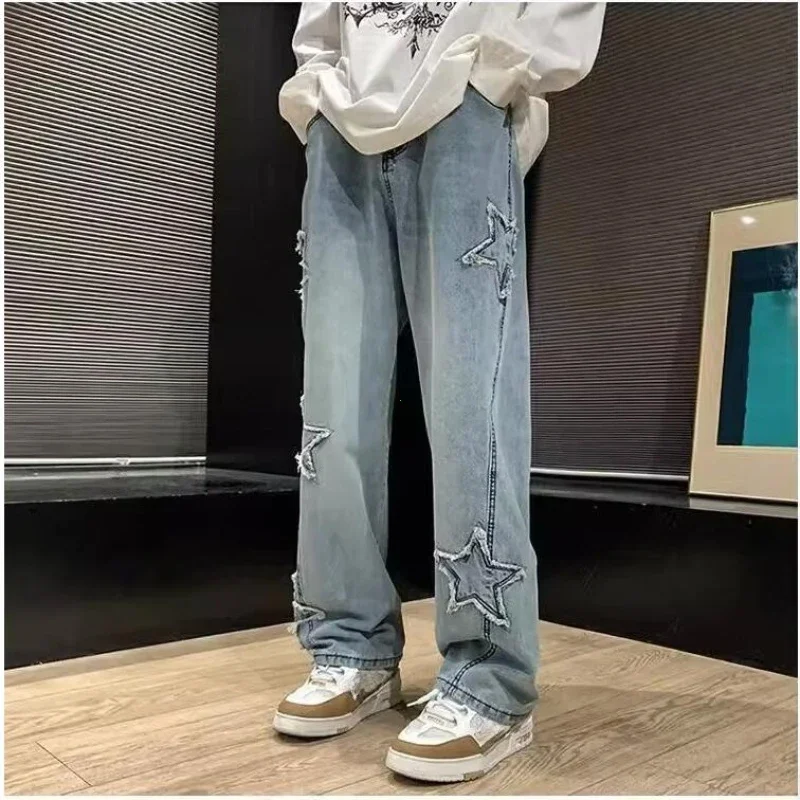 

2023 New Fashion Stars Towel Embroidery Brown Men Jeans Pants Y2K Clothes Straight Hip Hop Cotton Trousers Pantalon Homme